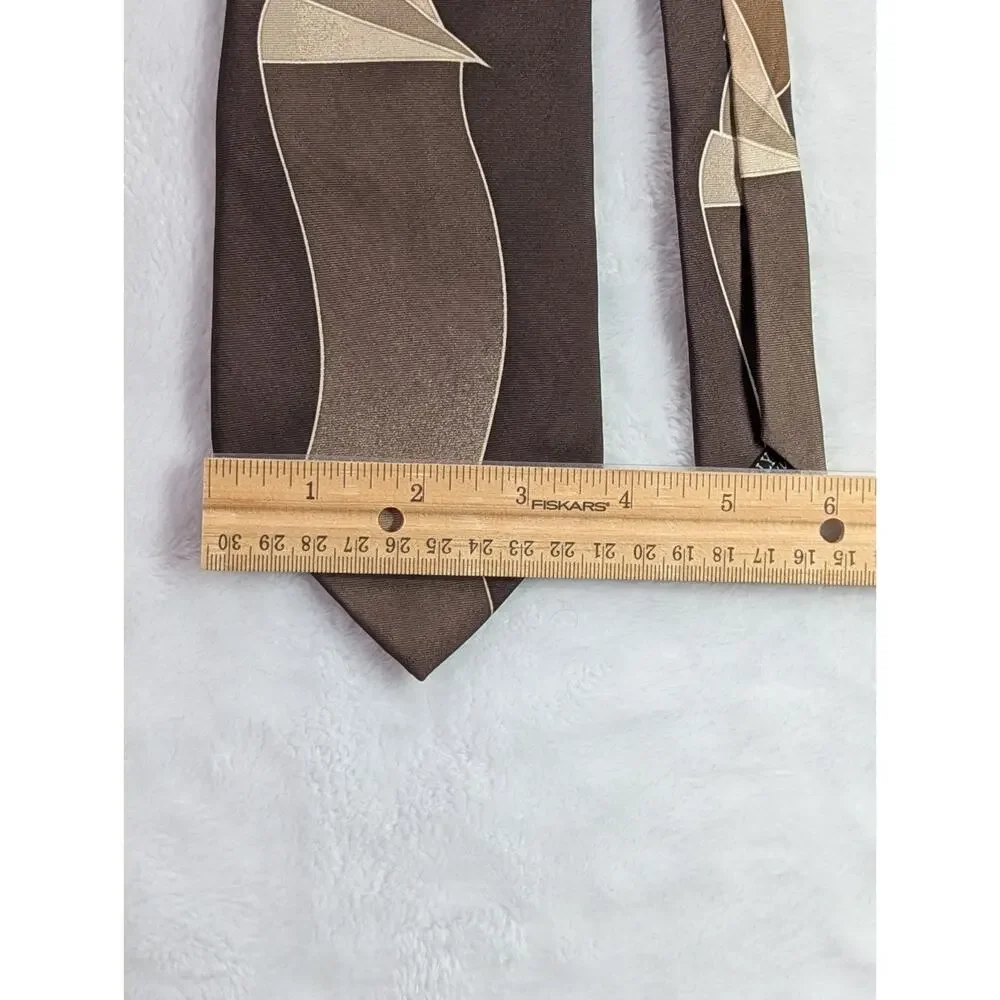 Vintage Ferracci Silk Tie Brown Tan Geometric Ribbon 3D Art Deco Mens Necktie